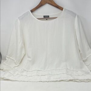 Toofan White Linen Long Sleeve Frayed Hem Round Neck Top Size X-Large